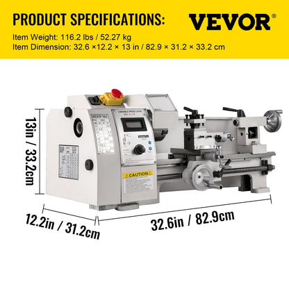 Mini Metal Lathe 0.2x0.35m, 2250 RPM Variable Speed, Precision Machine 650W