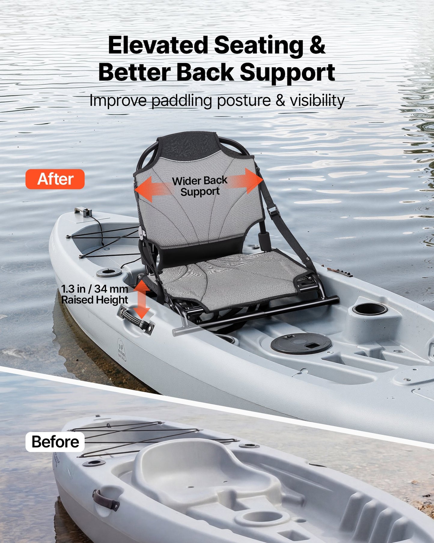 Kayak Seat, 1 Pack 34 mm Raised Height, Universal Foldable Canoe Seat with Adjustable Back Support, Adjustable Straps, and Aluminum Alloy Frame for Sit-on-Top/Fishing/Inflatable Kayaks & Canoes