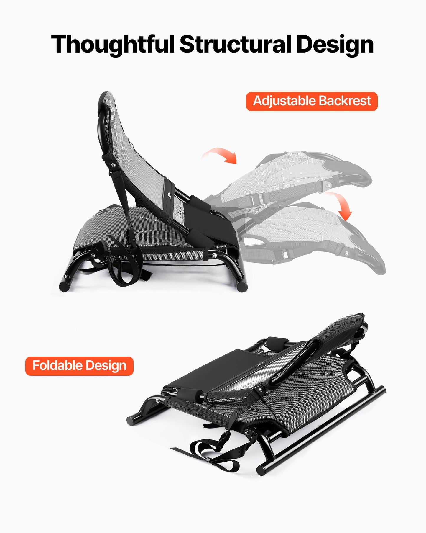 Kayak Seat, 1 Pack 34 mm Raised Height, Universal Foldable Canoe Seat with Adjustable Back Support, Adjustable Straps, and Aluminum Alloy Frame for Sit-on-Top/Fishing/Inflatable Kayaks & Canoes