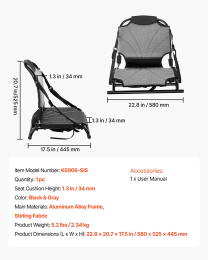 Kayak Seat, 1 Pack 34 mm Raised Height, Universal Foldable Canoe Seat with Adjustable Back Support, Adjustable Straps, and Aluminum Alloy Frame for Sit-on-Top/Fishing/Inflatable Kayaks & Canoes