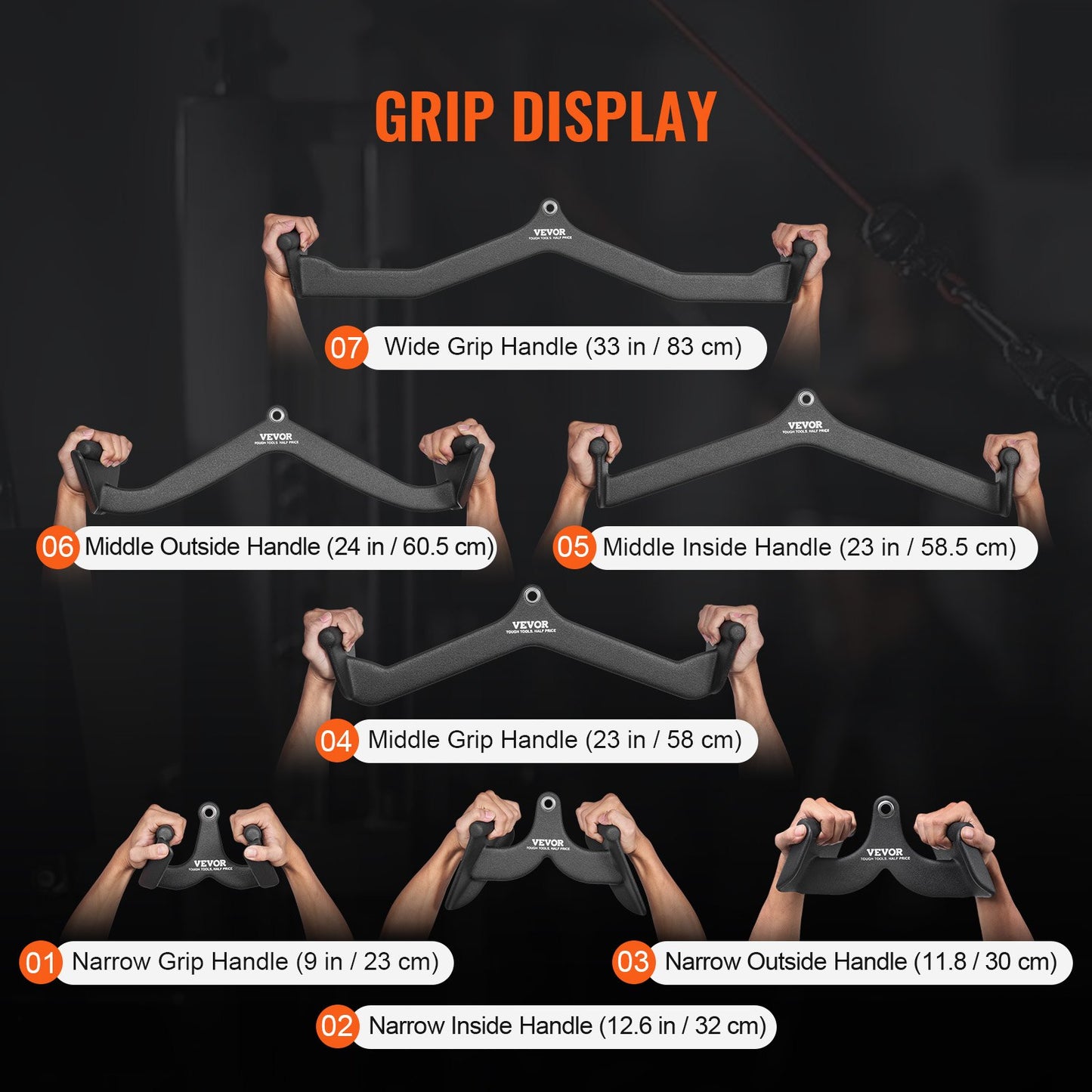 LAT Pulldown Attachments, Cable Machine Rowing T-bar V-bar 7 Set, Tricep Pull Down Bar, Back Strength Training Rubber Coated Handle Grip, Bicep Curl Tricep Lat Pulldown Bar for Home Gym Fitness