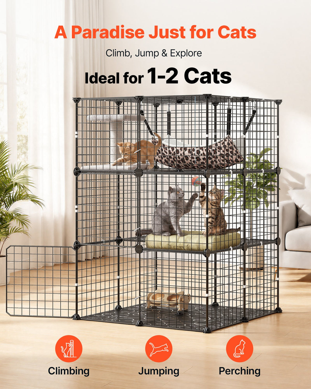 Cat Cage 3-Tier 71.1 x 71.1 x 104.1 cm DIY Cat Playpen with Hammock, Indoor Enclosure Detachable Metal Wire Kennel Crate, Large Exercise Place Ideal for 1-2 Cats, Kittens & Small Animals, Black