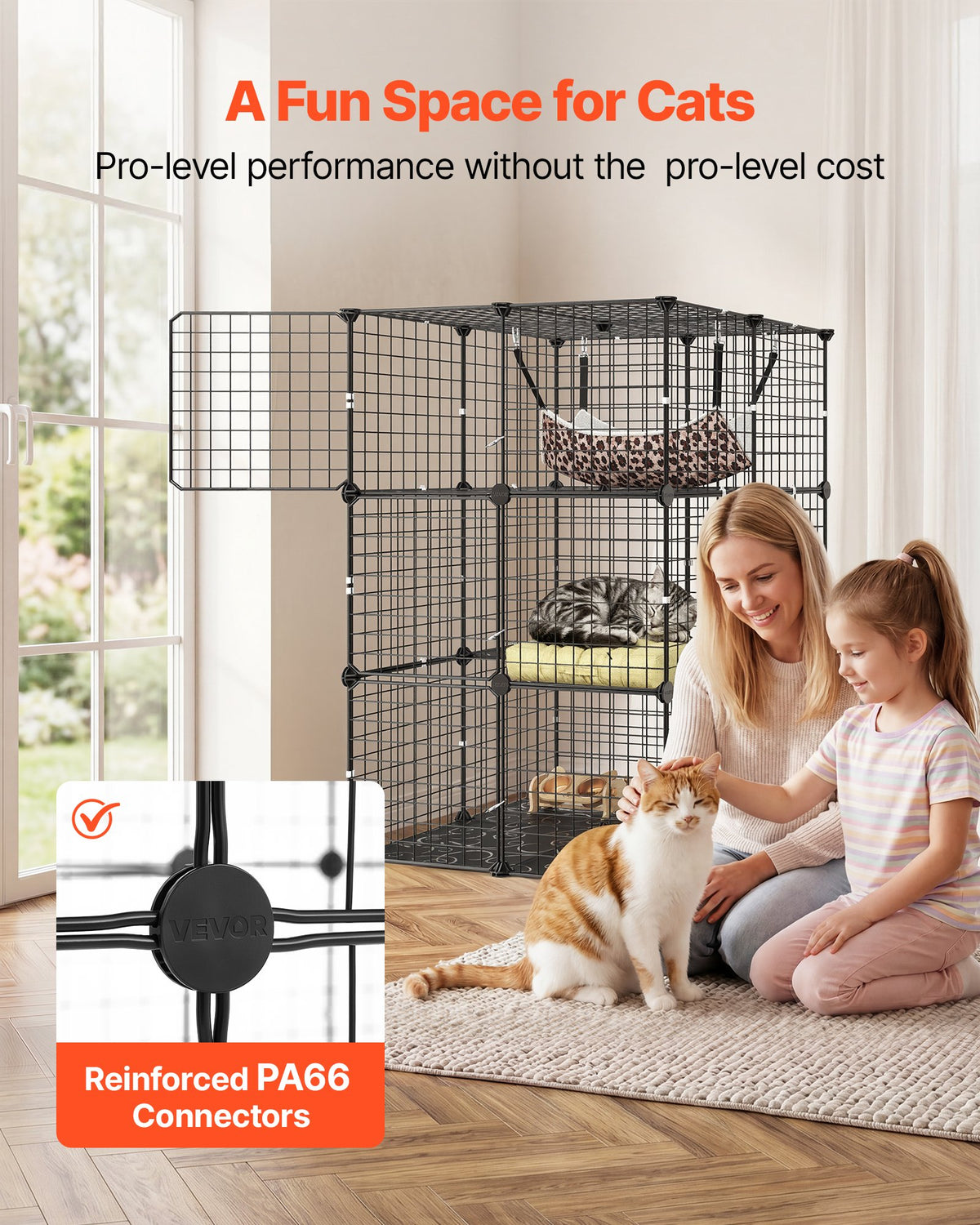 Cat Cage 3-Tier 71.1 x 71.1 x 104.1 cm DIY Cat Playpen with Hammock, Indoor Enclosure Detachable Metal Wire Kennel Crate, Large Exercise Place Ideal for 1-2 Cats, Kittens & Small Animals, Black