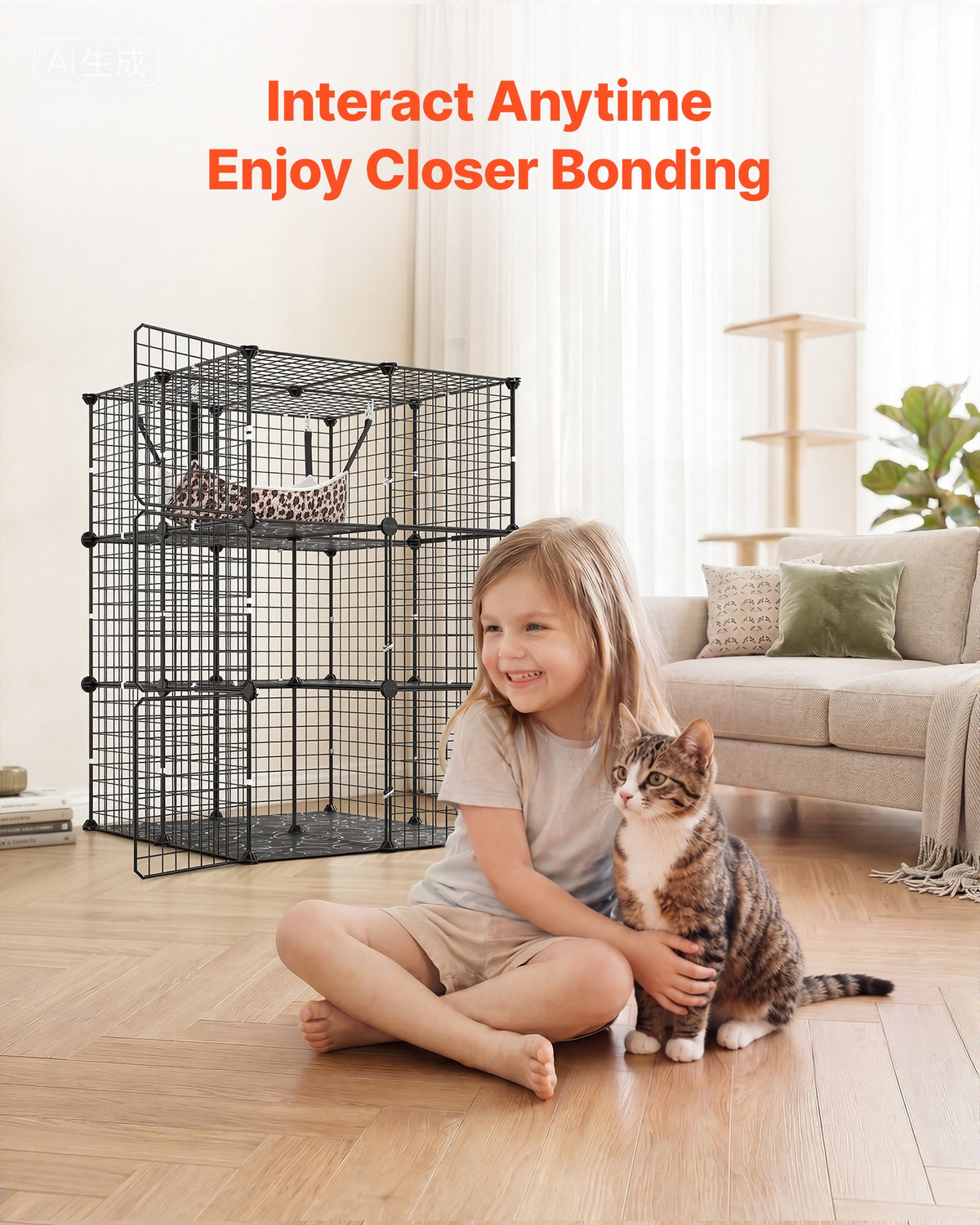 Cat Cage 3-Tier 71.1 x 71.1 x 104.1 cm DIY Cat Playpen with Hammock, Indoor Enclosure Detachable Metal Wire Kennel Crate, Large Exercise Place Ideal for 1-2 Cats, Kittens & Small Animals, Black