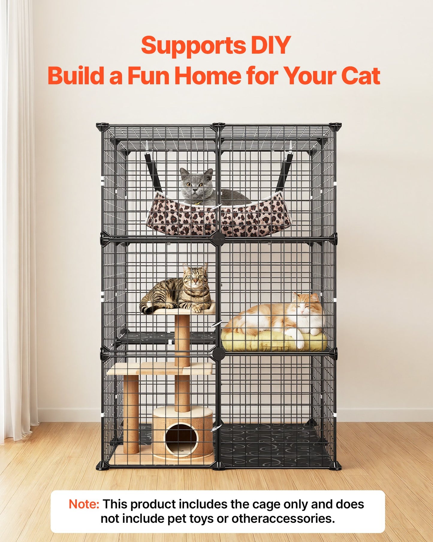 Cat Cage 3-Tier 71.1 x 71.1 x 104.1 cm DIY Cat Playpen with Hammock, Indoor Enclosure Detachable Metal Wire Kennel Crate, Large Exercise Place Ideal for 1-2 Cats, Kittens & Small Animals, Black