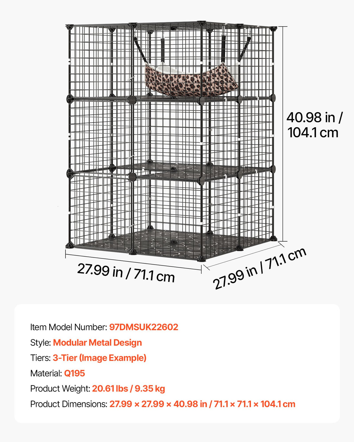 Cat Cage 3-Tier 71.1 x 71.1 x 104.1 cm DIY Cat Playpen with Hammock, Indoor Enclosure Detachable Metal Wire Kennel Crate, Large Exercise Place Ideal for 1-2 Cats, Kittens & Small Animals, Black