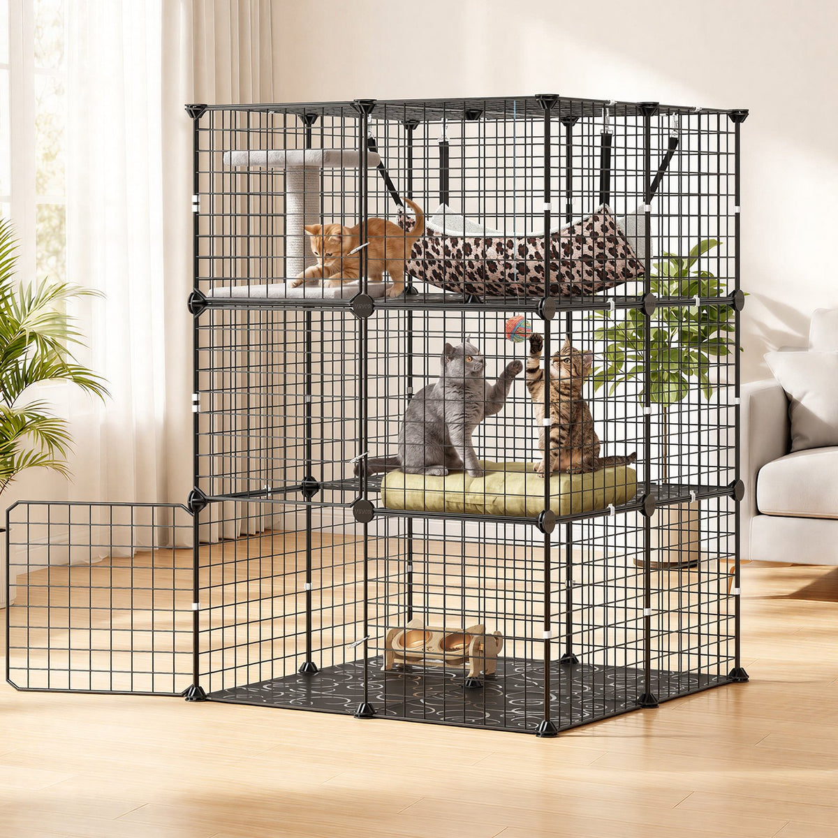 Cat Cage 3-Tier 71.1 x 71.1 x 104.1 cm DIY Cat Playpen with Hammock, Indoor Enclosure Detachable Metal Wire Kennel Crate, Large Exercise Place Ideal for 1-2 Cats, Kittens & Small Animals, Black