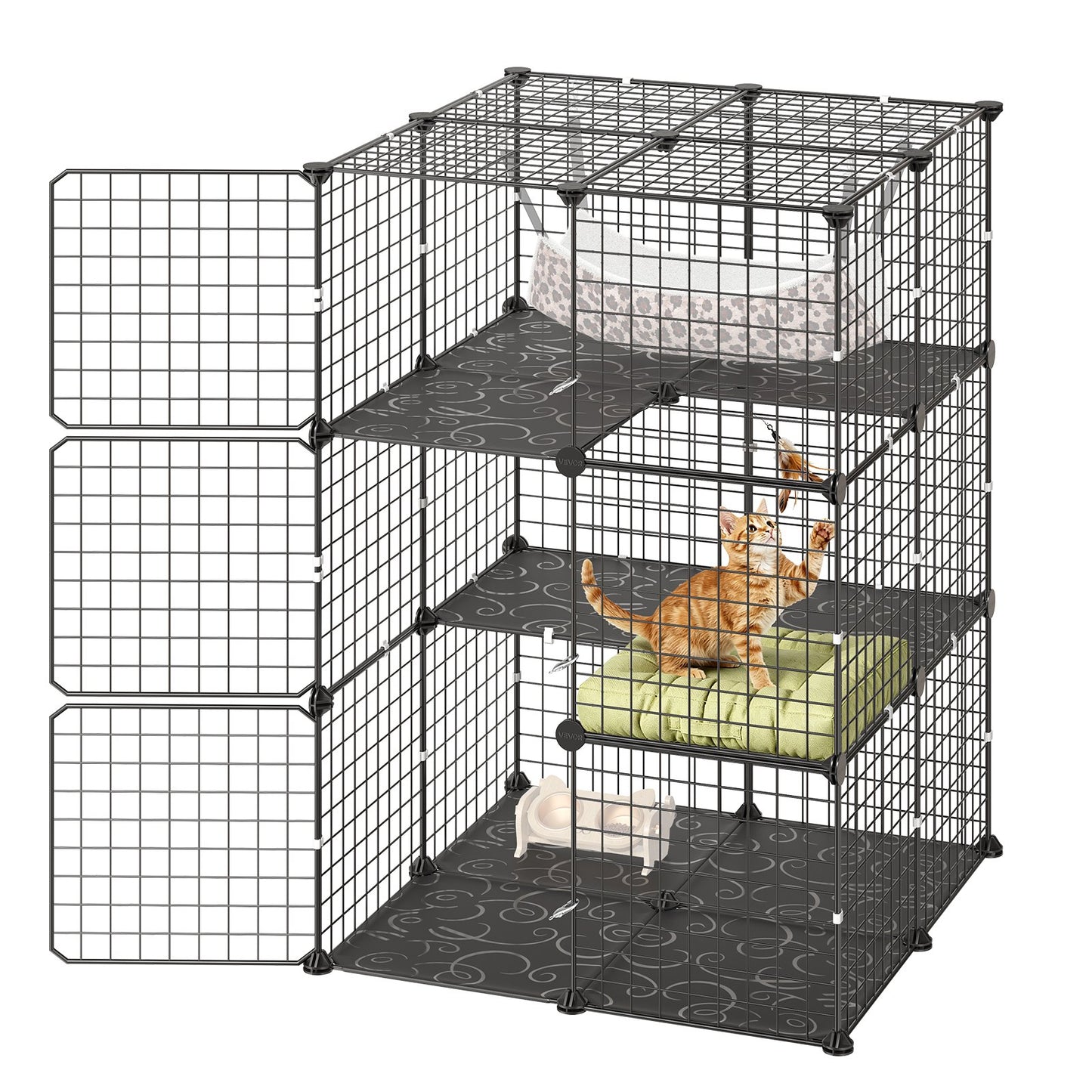 Cat Cage 3-Tier 71.1 x 71.1 x 104.1 cm DIY Cat Playpen with Hammock, Indoor Enclosure Detachable Metal Wire Kennel Crate, Large Exercise Place Ideal for 1-2 Cats, Kittens & Small Animals, Black