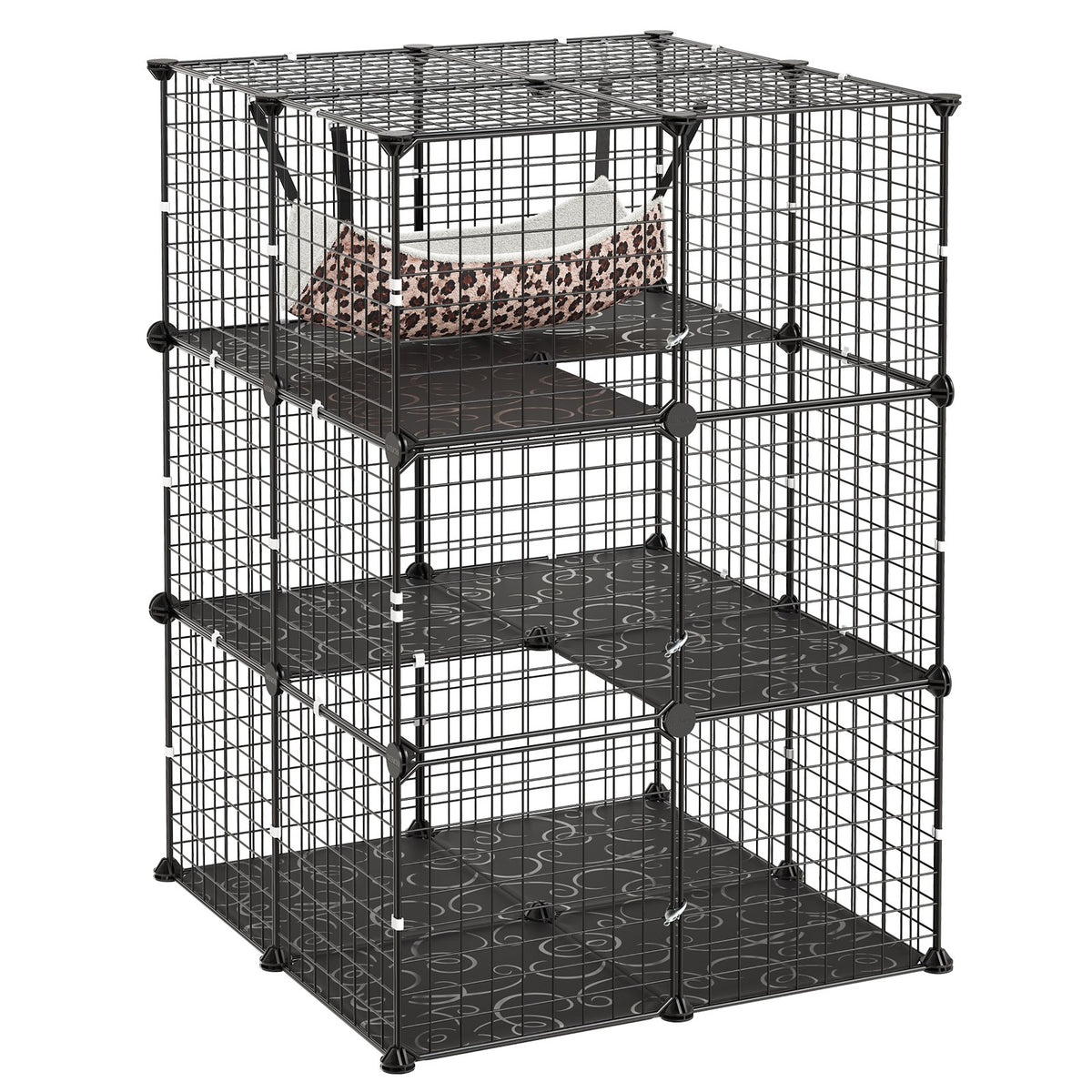 Cat Cage 3-Tier 71.1 x 71.1 x 104.1 cm DIY Cat Playpen with Hammock, Indoor Enclosure Detachable Metal Wire Kennel Crate, Large Exercise Place Ideal for 1-2 Cats, Kittens & Small Animals, Black