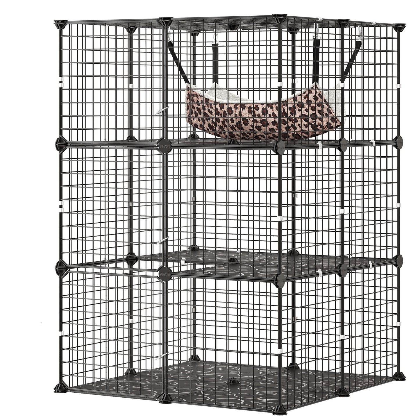 Cat Cage 3-Tier 71.1 x 71.1 x 104.1 cm DIY Cat Playpen with Hammock, Indoor Enclosure Detachable Metal Wire Kennel Crate, Large Exercise Place Ideal for 1-2 Cats, Kittens & Small Animals, Black