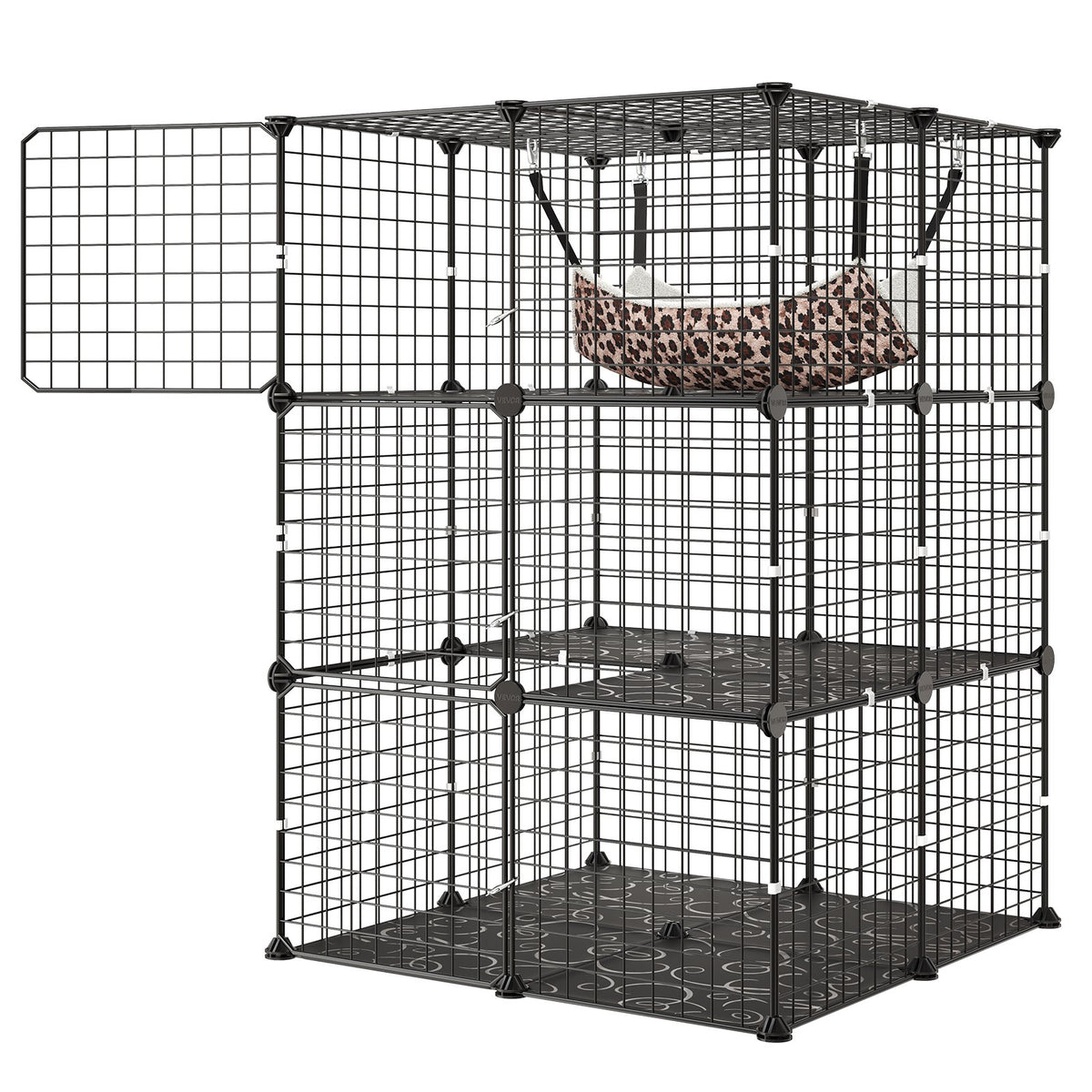 Cat Cage 3-Tier 71.1 x 71.1 x 104.1 cm DIY Cat Playpen with Hammock, Indoor Enclosure Detachable Metal Wire Kennel Crate, Large Exercise Place Ideal for 1-2 Cats, Kittens & Small Animals, Black