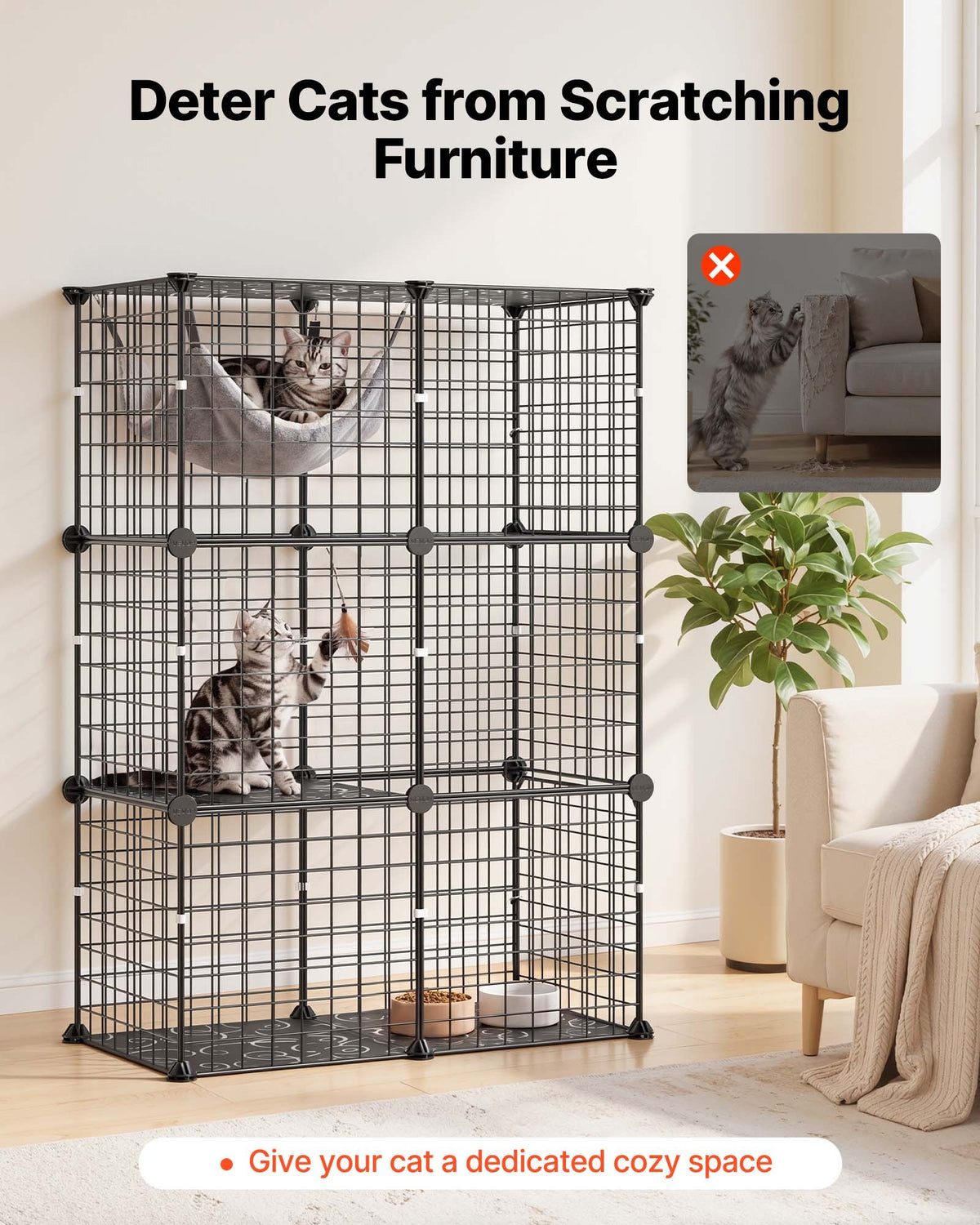 Cat Cage 3-Tier 71.1x35.5x104.1 cm DIY Cat Playpen Indoor Enclosure, Detachable Metal Wire Kennel Crate, Large Exercise Place Ideal for 1-2 Cats, Kittens, Rabbits, Ferrets & Small Animals, Black