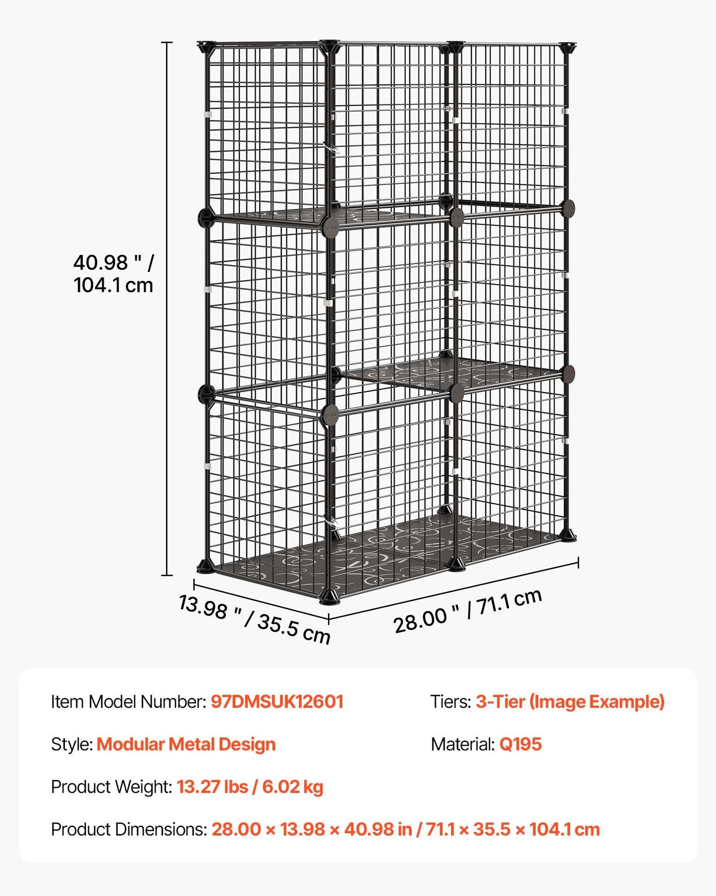Cat Cage 3-Tier 71.1x35.5x104.1 cm DIY Cat Playpen Indoor Enclosure, Detachable Metal Wire Kennel Crate, Large Exercise Place Ideal for 1-2 Cats, Kittens, Rabbits, Ferrets & Small Animals, Black
