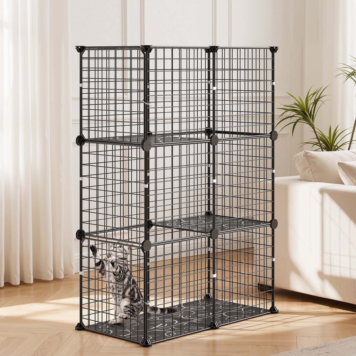 Cat Cage 3-Tier 71.1x35.5x104.1 cm DIY Cat Playpen Indoor Enclosure, Detachable Metal Wire Kennel Crate, Large Exercise Place Ideal for 1-2 Cats, Kittens, Rabbits, Ferrets & Small Animals, Black