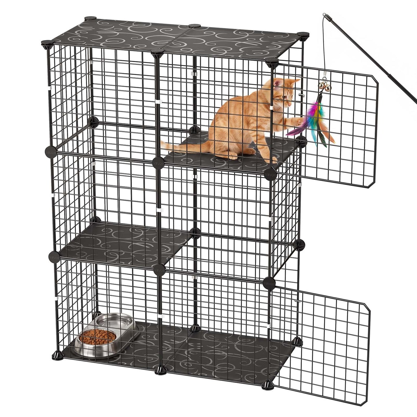 Cat Cage 3-Tier 71.1x35.5x104.1 cm DIY Cat Playpen Indoor Enclosure, Detachable Metal Wire Kennel Crate, Large Exercise Place Ideal for 1-2 Cats, Kittens, Rabbits, Ferrets & Small Animals, Black
