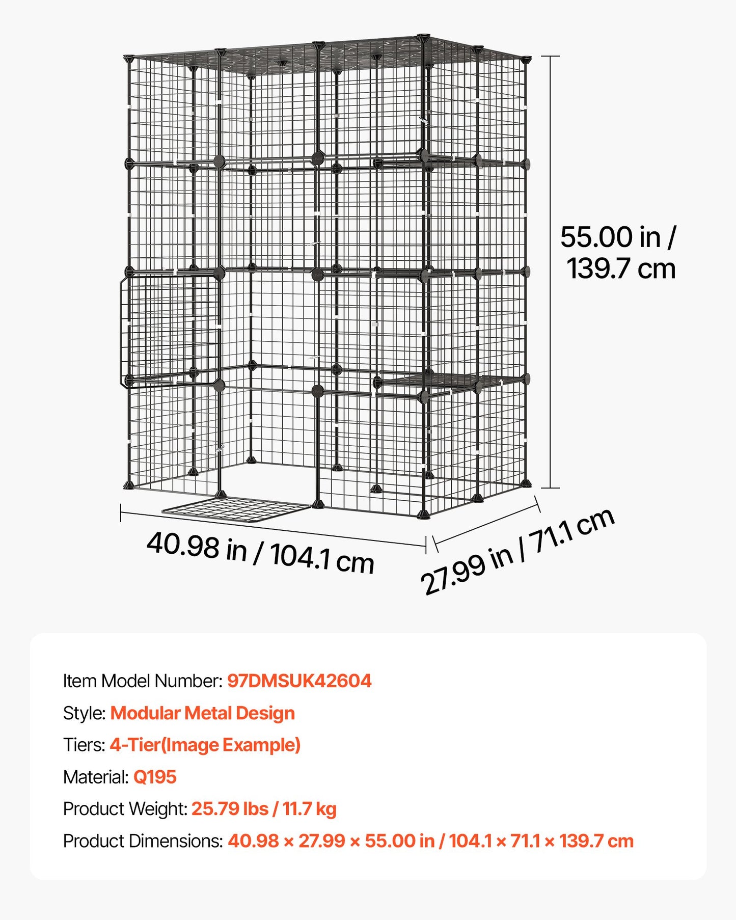 Cat Cage 4-Tier 104.1x71.1x139.7 cm DIY Cat Playpen Indoor Enclosure, Detachable Metal Wire Kennel Crate with 4 Doors, Large Exercise Place Ideal for 1-2 Cats, Kittens and Small Animals, Black