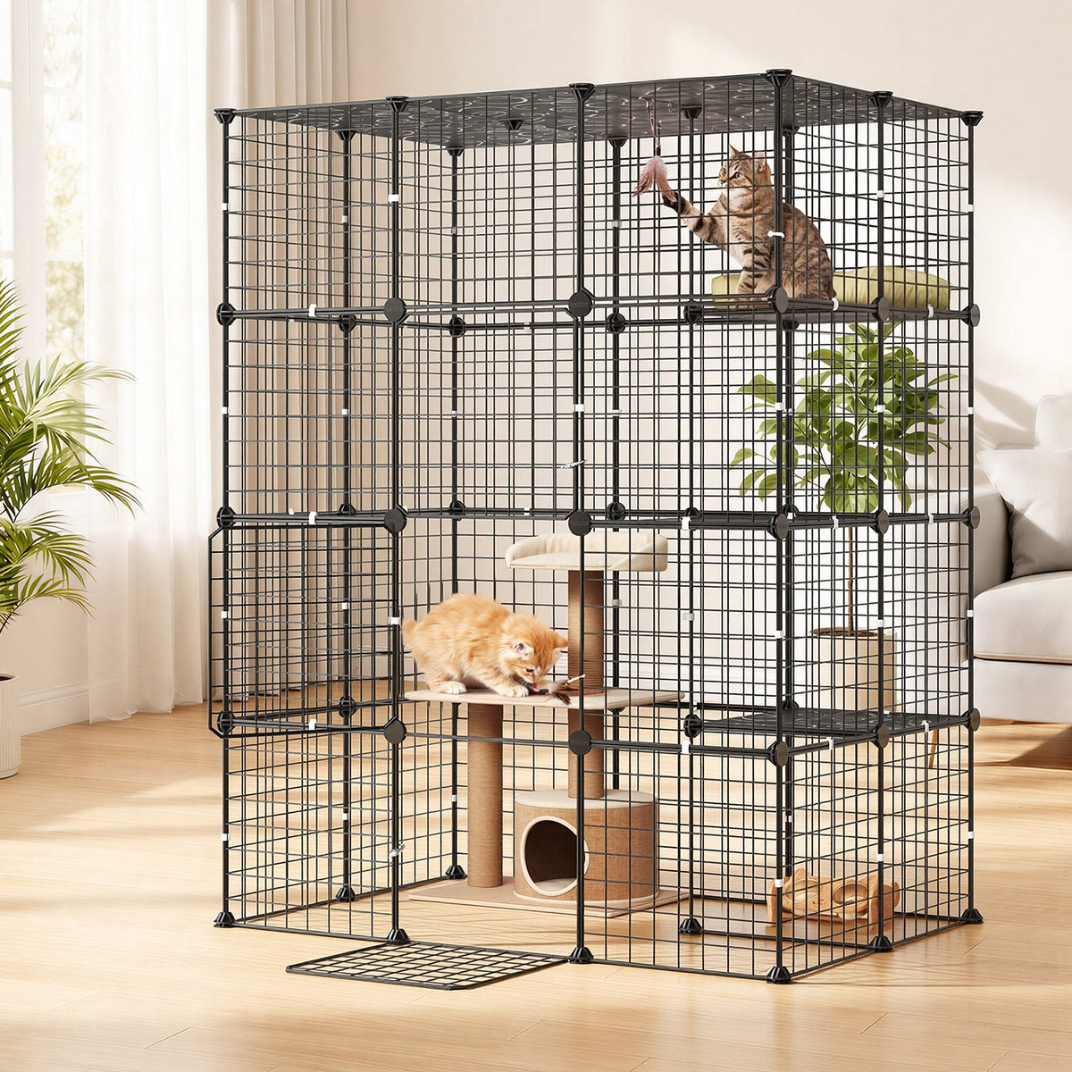 Cat Cage 4-Tier 104.1x71.1x139.7 cm DIY Cat Playpen Indoor Enclosure, Detachable Metal Wire Kennel Crate with 4 Doors, Large Exercise Place Ideal for 1-2 Cats, Kittens and Small Animals, Black