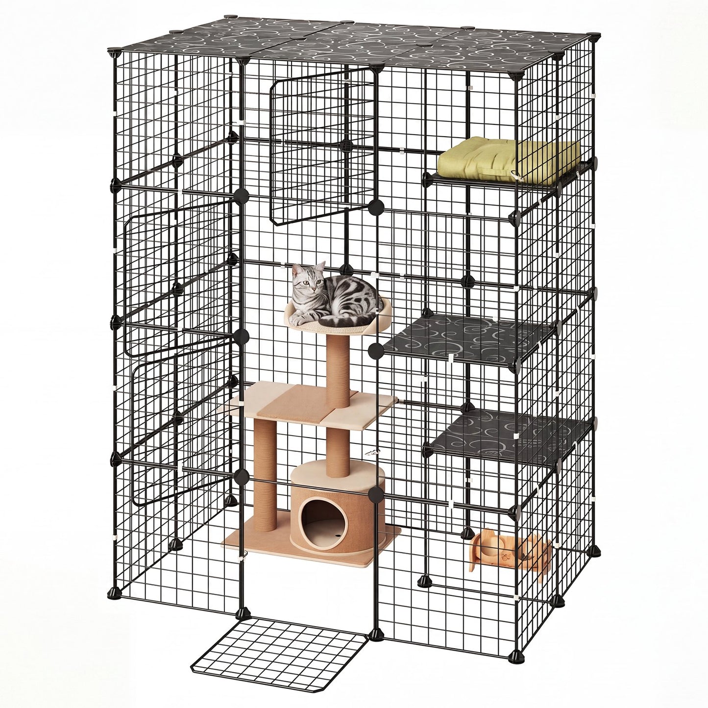 Cat Cage 4-Tier 104.1x71.1x139.7 cm DIY Cat Playpen Indoor Enclosure, Detachable Metal Wire Kennel Crate with 4 Doors, Large Exercise Place Ideal for 1-2 Cats, Kittens and Small Animals, Black