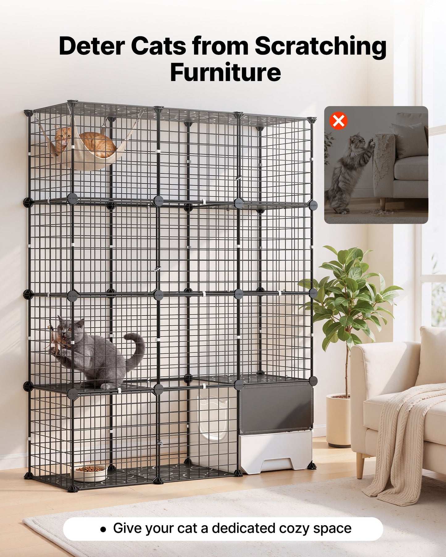 Cat Cage 4-Tier 104.1x35.5x139.7 cm DIY Cat Playpen with Litter Box, Indoor Enclosure Detachable Metal Wire Kennel Crate, Large Exercise Place for 1-2 Cats, Kitten, Ferret & Small Animals, Black