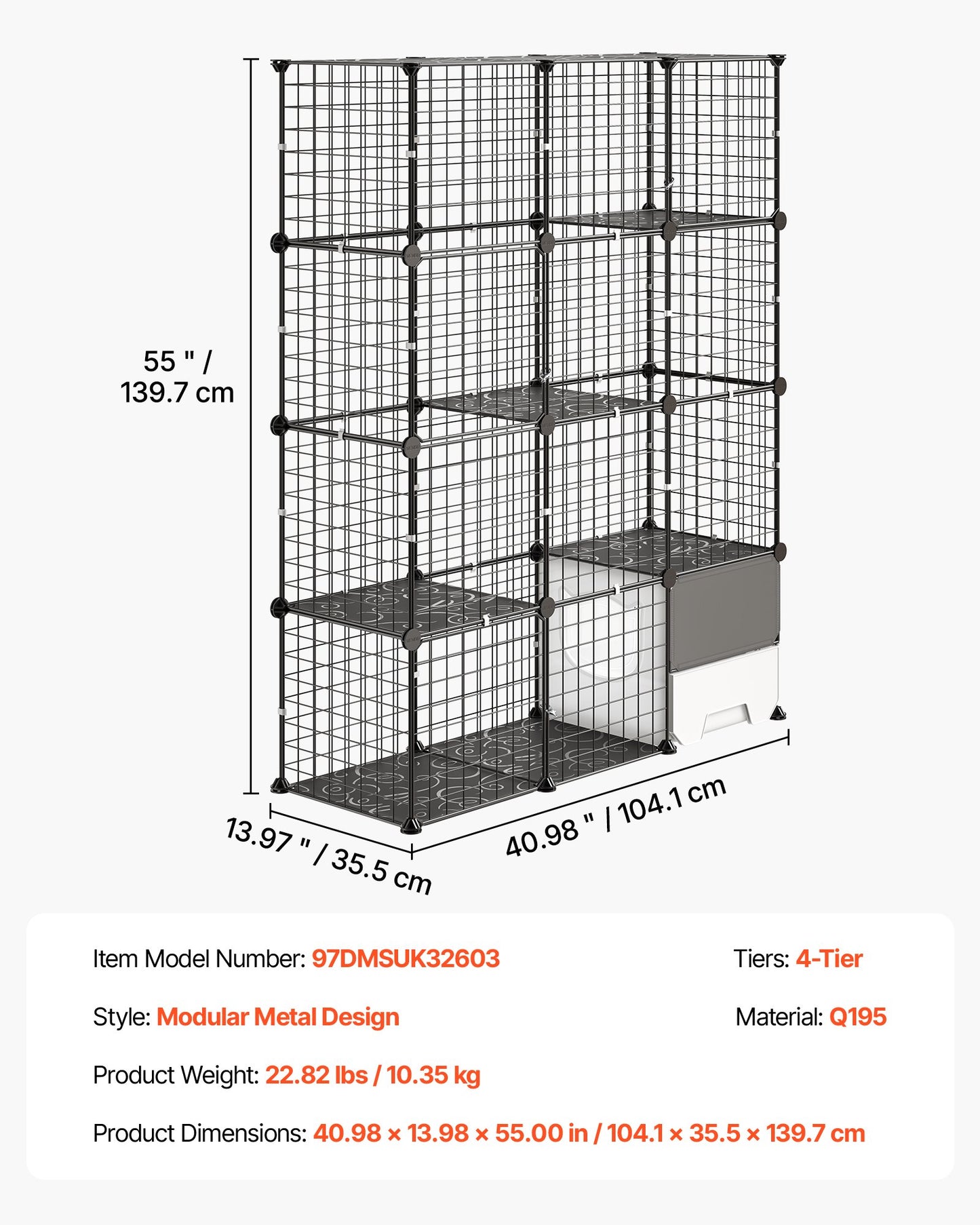 Cat Cage 4-Tier 104.1x35.5x139.7 cm DIY Cat Playpen with Litter Box, Indoor Enclosure Detachable Metal Wire Kennel Crate, Large Exercise Place for 1-2 Cats, Kitten, Ferret & Small Animals, Black