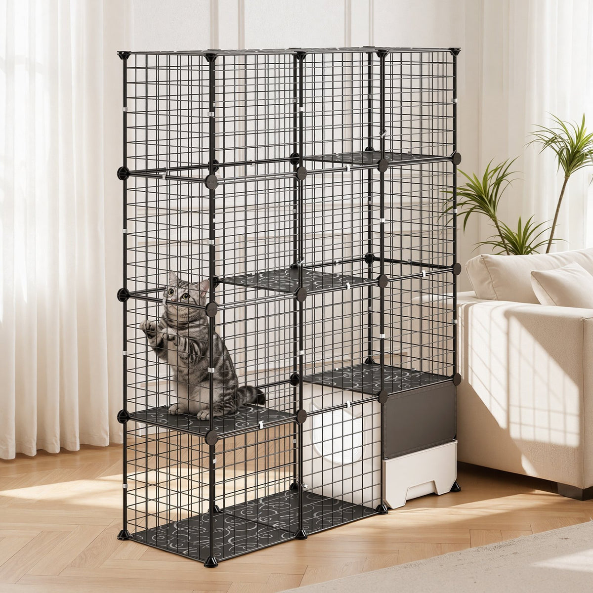 Cat Cage 4-Tier 104.1x35.5x139.7 cm DIY Cat Playpen with Litter Box, Indoor Enclosure Detachable Metal Wire Kennel Crate, Large Exercise Place for 1-2 Cats, Kitten, Ferret & Small Animals, Black