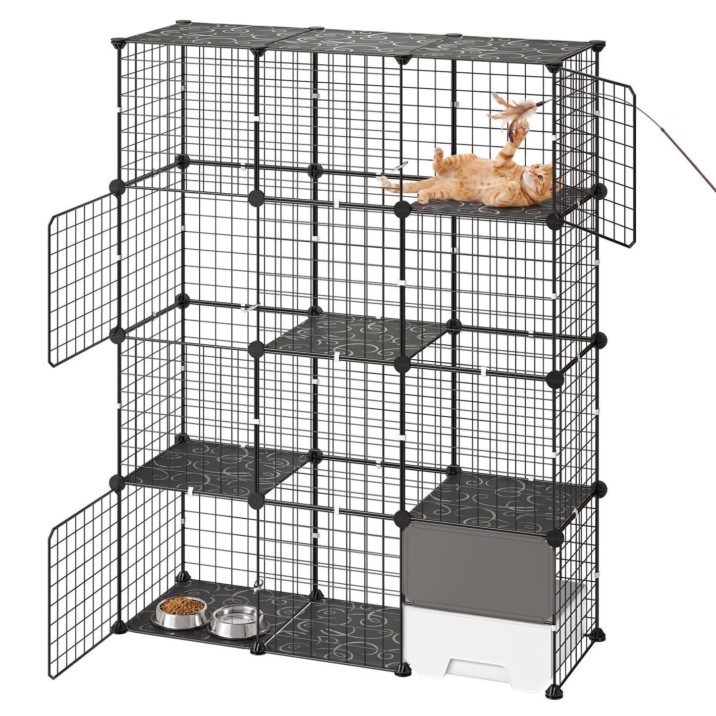 Cat Cage 4-Tier 104.1x35.5x139.7 cm DIY Cat Playpen with Litter Box, Indoor Enclosure Detachable Metal Wire Kennel Crate, Large Exercise Place for 1-2 Cats, Kitten, Ferret & Small Animals, Black