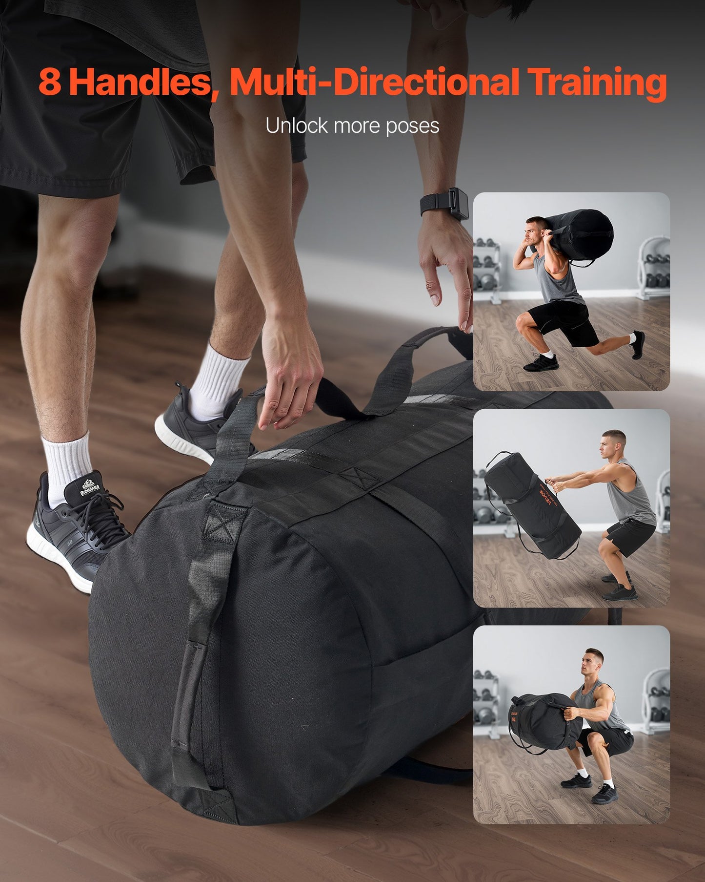Workout Sandbag, Heavy Duty Workout Power Bags with Handles, 56-90 kg Adjustable Slam Bag for Fitness Strength Weight Training Cross-Training, Home Gym Exercise, Black (Unfilled)
