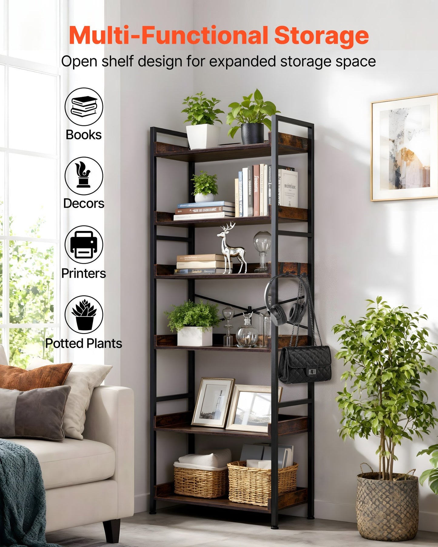 Industrial Bookshelf, 6-Tier, Vintage Ladder Shelf Bookshelves and Bookcases, with Metal Frame, Book Organizer with Open Shelves, for Living Room, Bedroom, Kitchen, Home Office, Rustics Brown