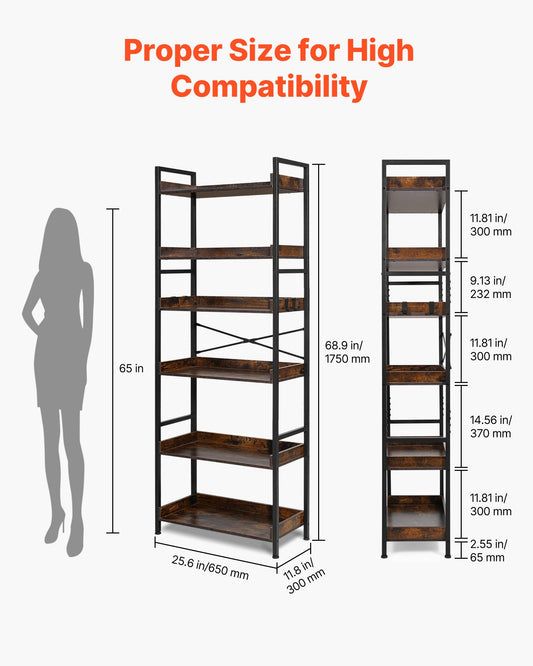 Industrial Bookshelf, 6-Tier, Vintage Ladder Shelf Bookshelves and Bookcases, with Metal Frame, Book Organizer with Open Shelves, for Living Room, Bedroom, Kitchen, Home Office, Rustics Brown