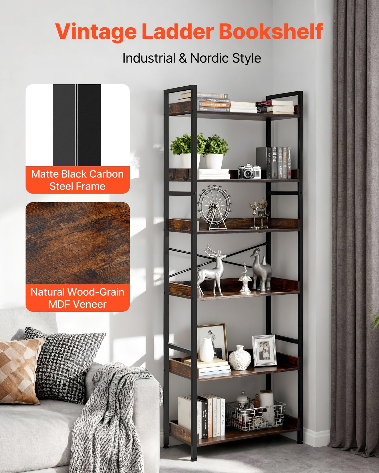 Industrial Bookshelf, 6-Tier, Vintage Ladder Shelf Bookshelves and Bookcases, with Metal Frame, Book Organizer with Open Shelves, for Living Room, Bedroom, Kitchen, Home Office, Rustics Brown
