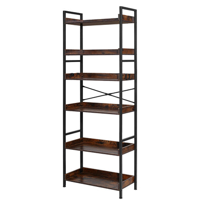 Industrial Bookshelf, 6-Tier, Vintage Ladder Shelf Bookshelves and Bookcases, with Metal Frame, Book Organizer with Open Shelves, for Living Room, Bedroom, Kitchen, Home Office, Rustics Brown