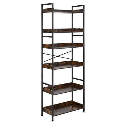 Industrial Bookshelf, 6-Tier, Vintage Ladder Shelf Bookshelves and Bookcases, with Metal Frame, Book Organizer with Open Shelves, for Living Room, Bedroom, Kitchen, Home Office, Rustics Brown