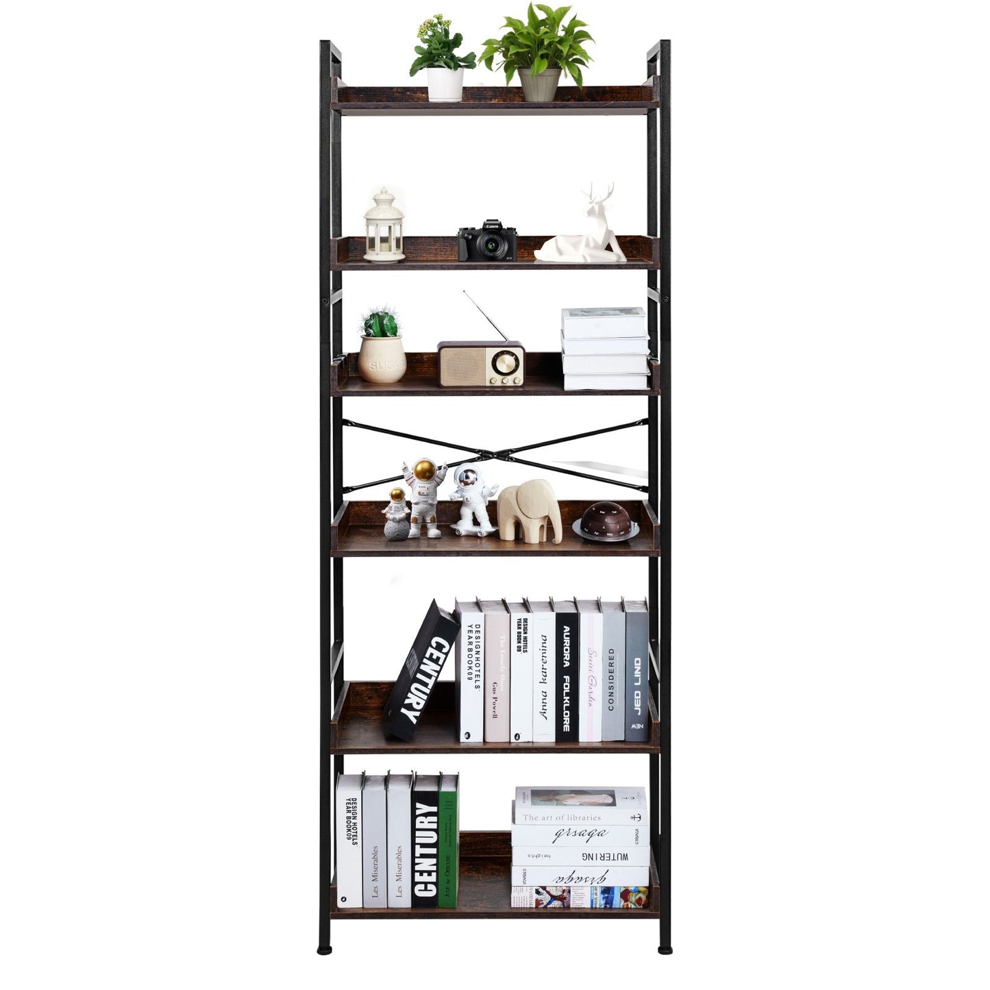 Industrial Bookshelf, 6-Tier, Vintage Ladder Shelf Bookshelves and Bookcases, with Metal Frame, Book Organizer with Open Shelves, for Living Room, Bedroom, Kitchen, Home Office, Rustics Brown