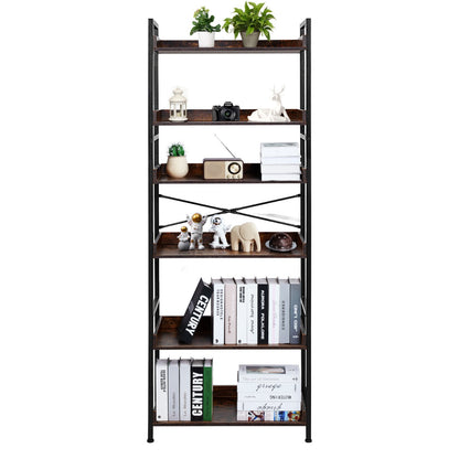 Industrial Bookshelf, 6-Tier, Vintage Ladder Shelf Bookshelves and Bookcases, with Metal Frame, Book Organizer with Open Shelves, for Living Room, Bedroom, Kitchen, Home Office, Rustics Brown