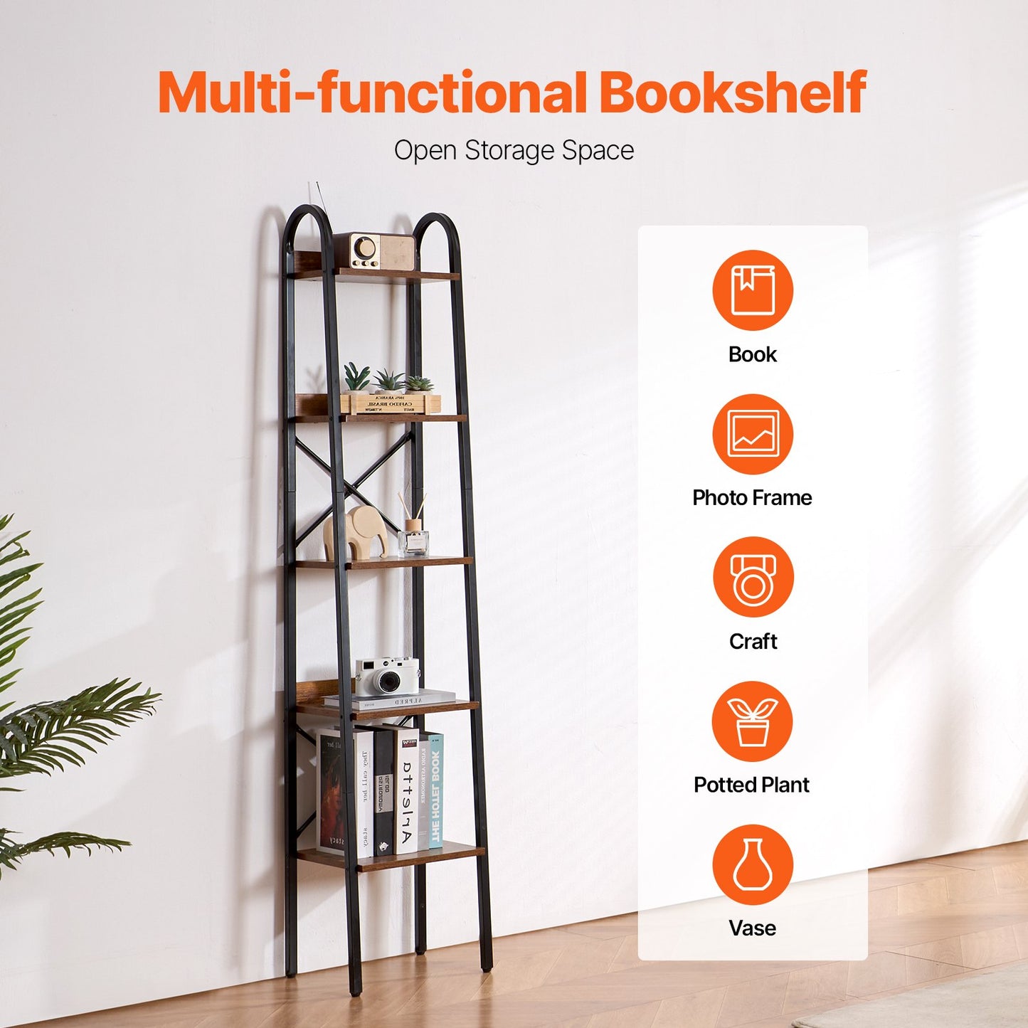 VEVOR Metal Bookshelf Rustic Bookshelf 5-Tier for Living room Bedroom & Office