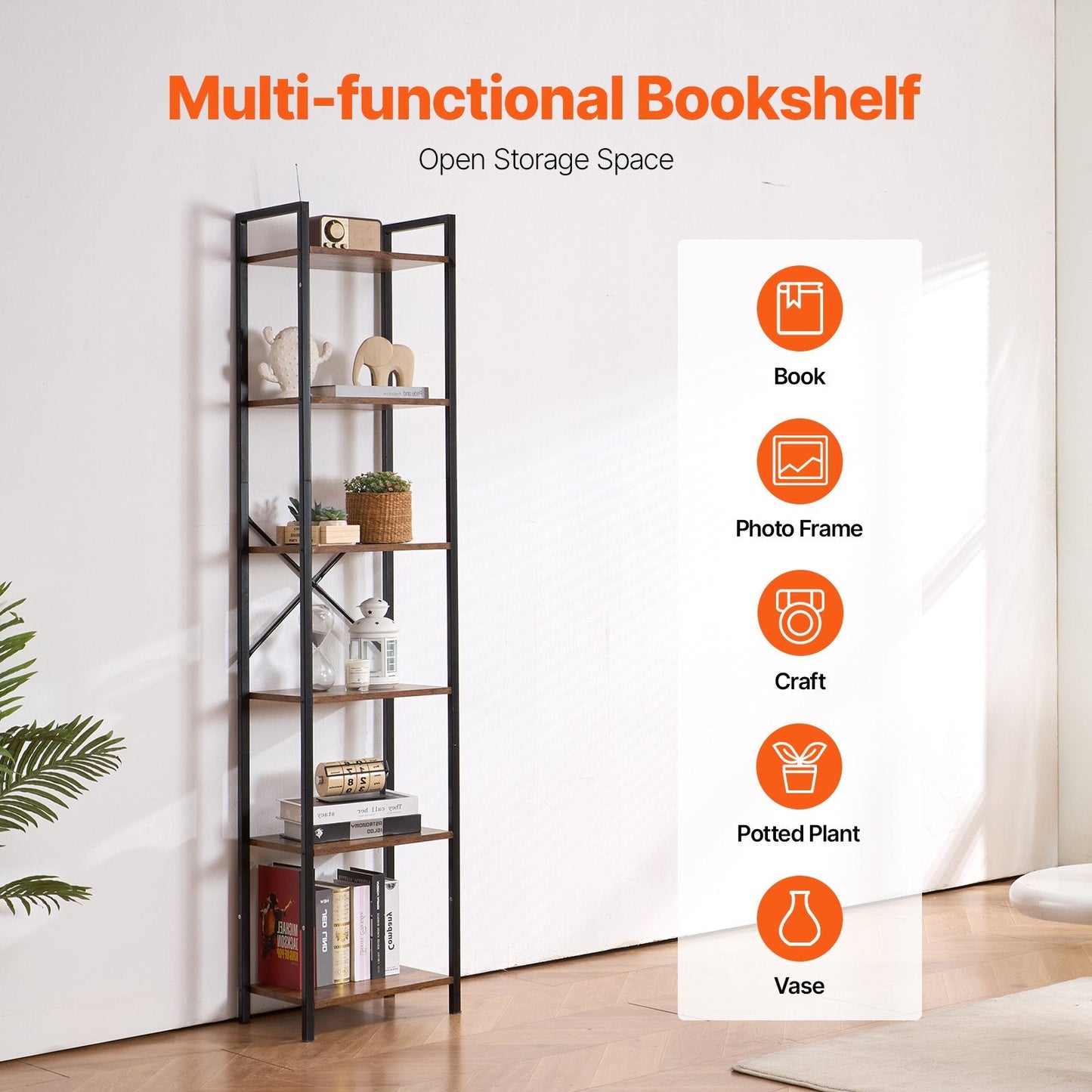 Rustic 6-Tier Metal Bookshelf for Home and Office - 1.87m, 9.07kg Capacity