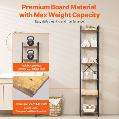 Rustic 6-Tier Metal Bookshelf for Home and Office - 1.87m, 9.07kg Capacity