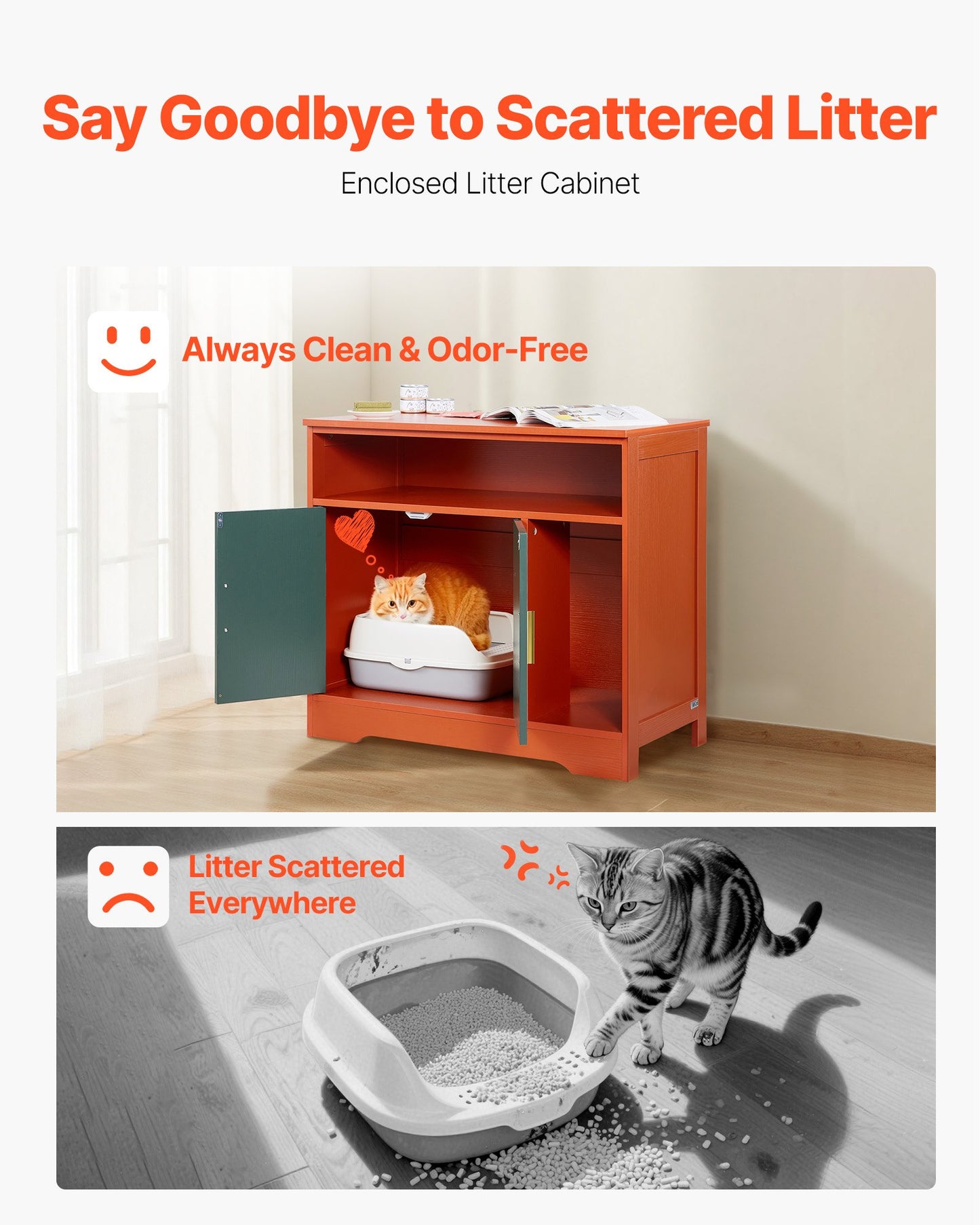 Cat Litter Box Enclosure, 79.2 cm Hidden Litter Box Cabinet with Shelf & Storage, Modern Style Indoor Cat Washroom, Wooden Kitty House Furniture End Table, Fit Most Litterboxes, Red & Green