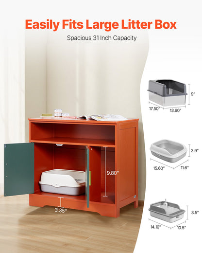 Cat Litter Box Enclosure, 79.2 cm Hidden Litter Box Cabinet with Shelf & Storage, Modern Style Indoor Cat Washroom, Wooden Kitty House Furniture End Table, Fit Most Litterboxes, Red & Green