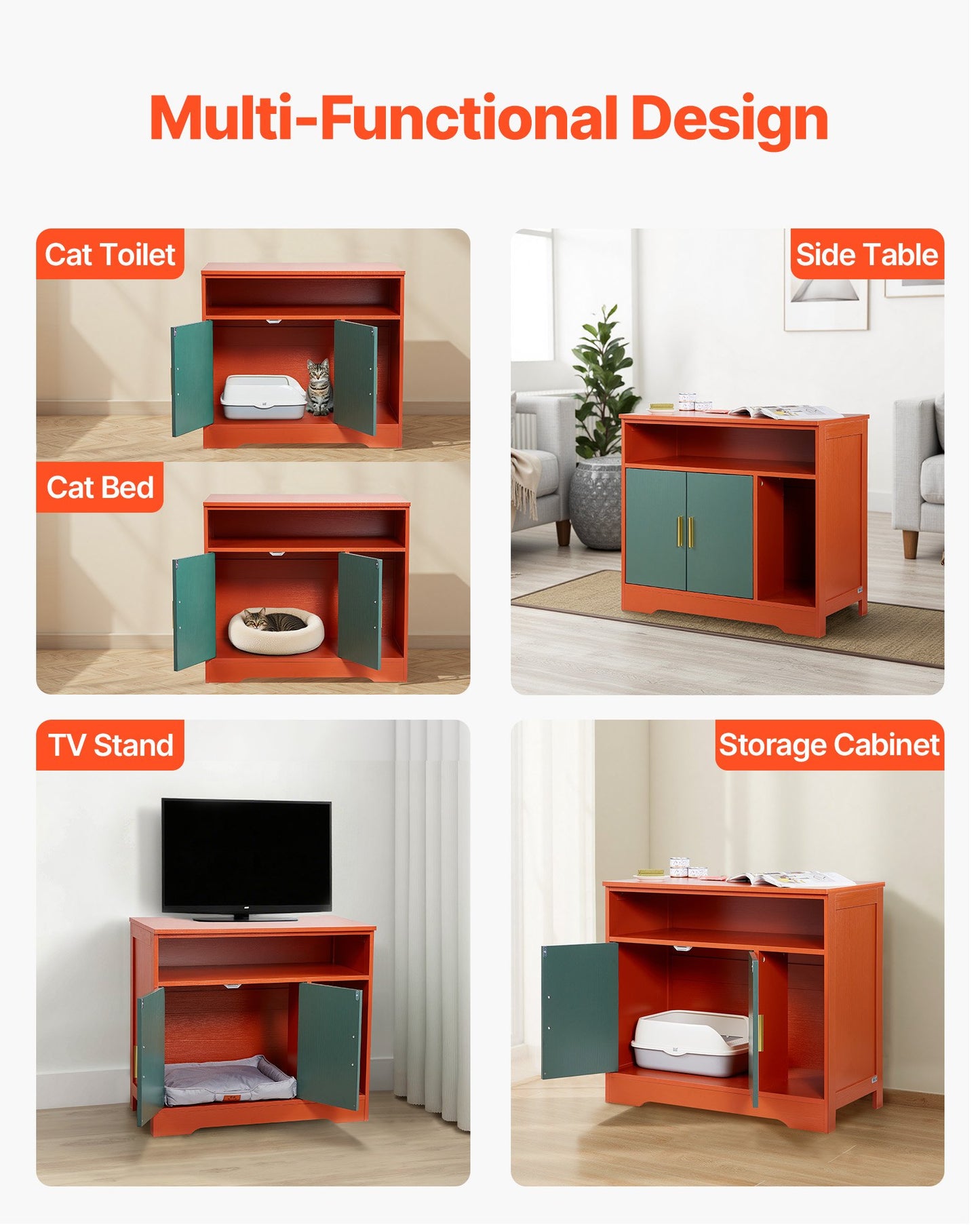 Cat Litter Box Enclosure, 79.2 cm Hidden Litter Box Cabinet with Shelf & Storage, Modern Style Indoor Cat Washroom, Wooden Kitty House Furniture End Table, Fit Most Litterboxes, Red & Green