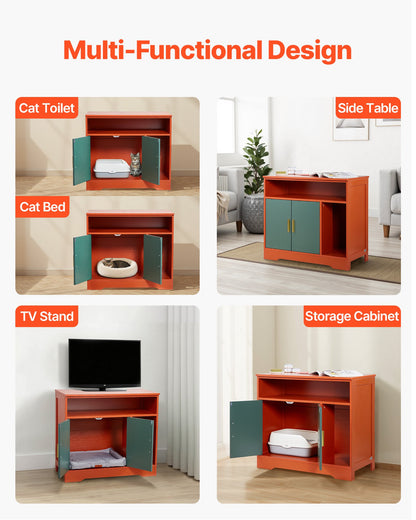 Cat Litter Box Enclosure, 79.2 cm Hidden Litter Box Cabinet with Shelf & Storage, Modern Style Indoor Cat Washroom, Wooden Kitty House Furniture End Table, Fit Most Litterboxes, Red & Green