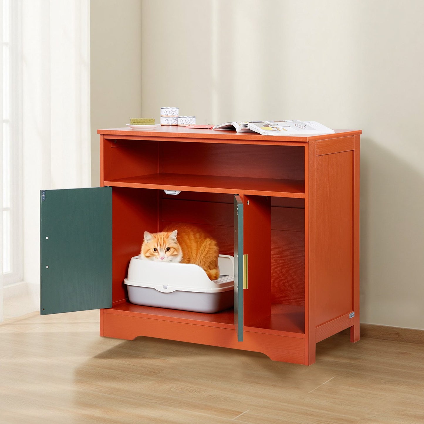 Cat Litter Box Enclosure, 79.2 cm Hidden Litter Box Cabinet with Shelf & Storage, Modern Style Indoor Cat Washroom, Wooden Kitty House Furniture End Table, Fit Most Litterboxes, Red & Green
