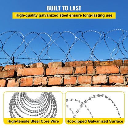 70m Razor Barbed Wire Fencing, Spiral Design, Galvanized Steel, 2 Coils