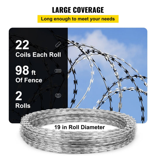 70m Razor Barbed Wire Fencing, Spiral Design, Galvanized Steel, 2 Coils