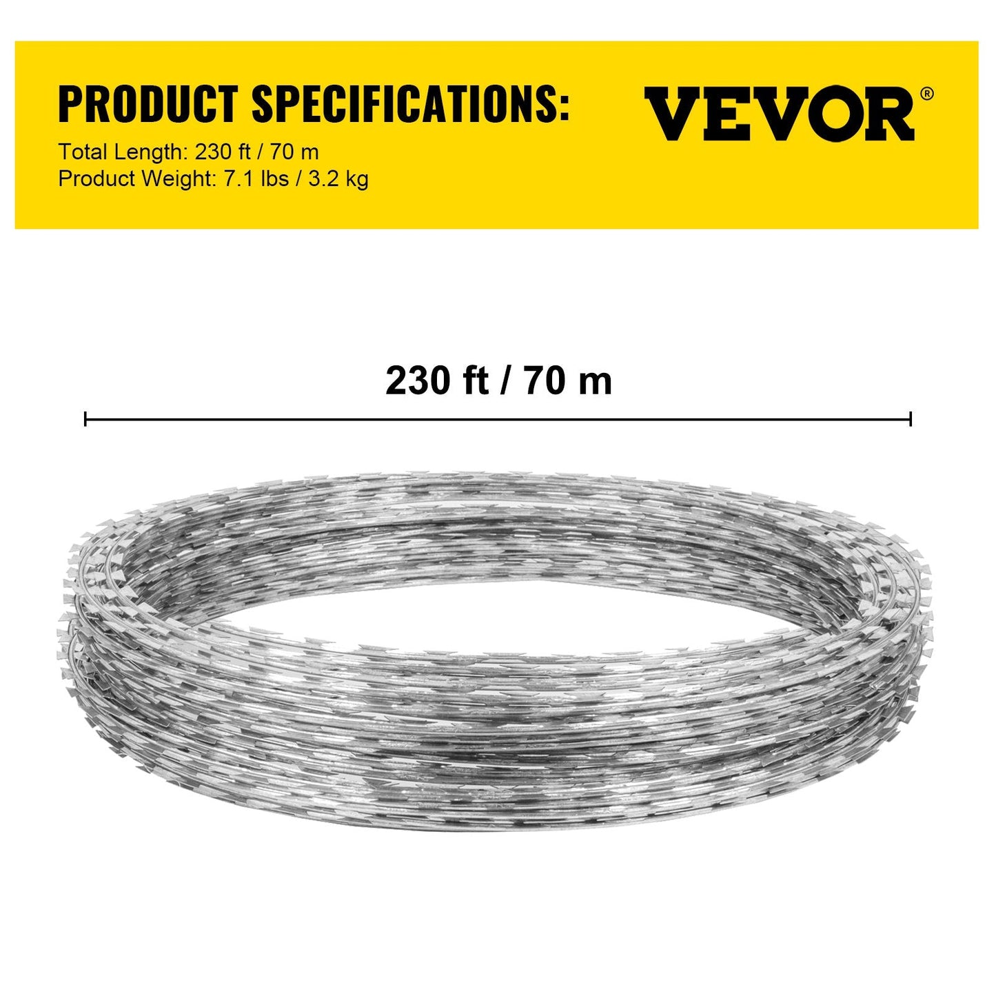 70m Razor Barbed Wire Fencing, Spiral Design, Galvanized Steel, 2 Coils