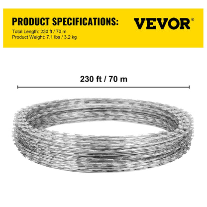 70m Razor Barbed Wire Fencing, Spiral Design, Galvanized Steel, 2 Coils