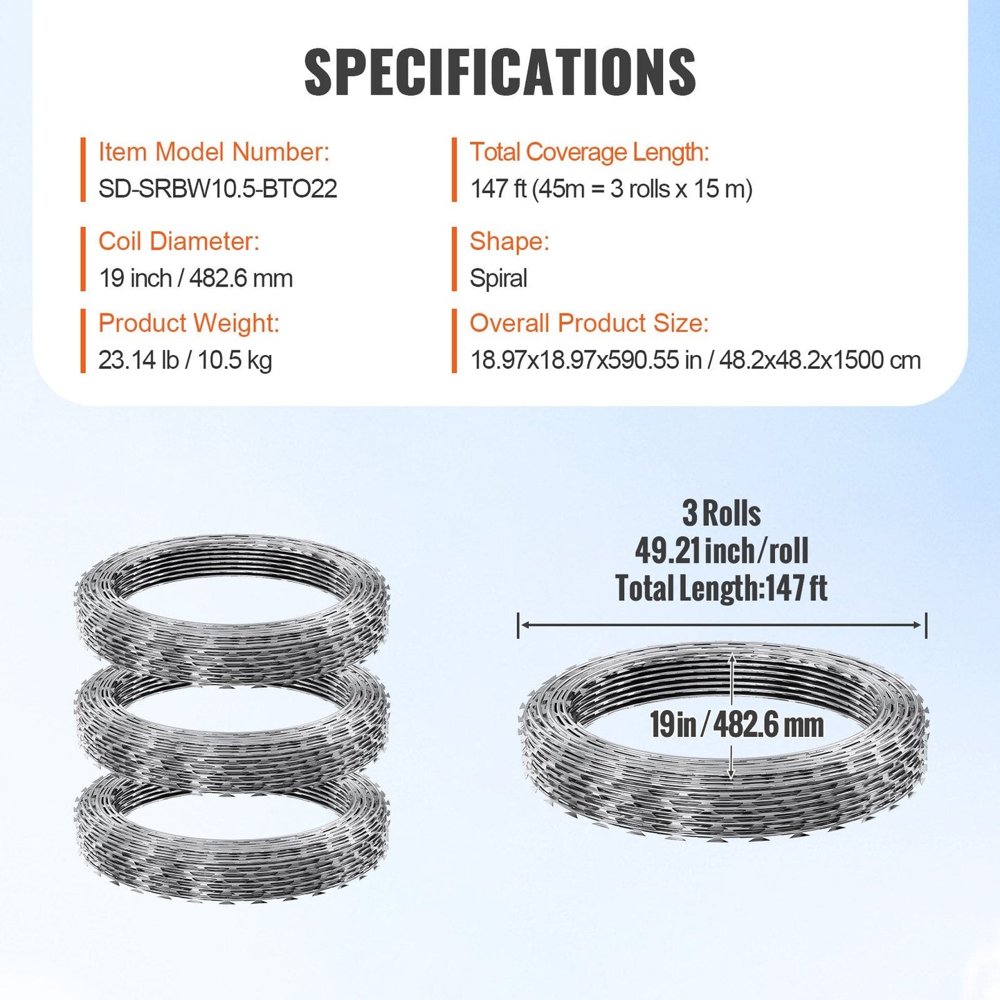 Razor Barbed Wire Fencing, 45m, 3 Rolls, Spiral, Galvanized for Ultimate Security