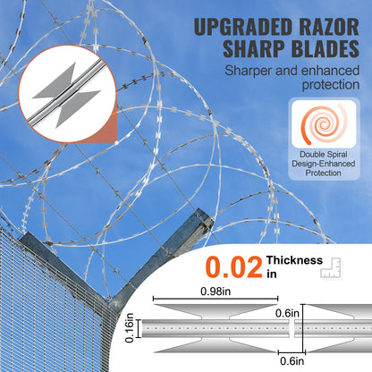 High-Security Double Spiral Razor Wire Fencing, 45m, 3 Rolls