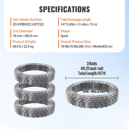 High-Security Double Spiral Razor Wire Fencing, 45m, 3 Rolls