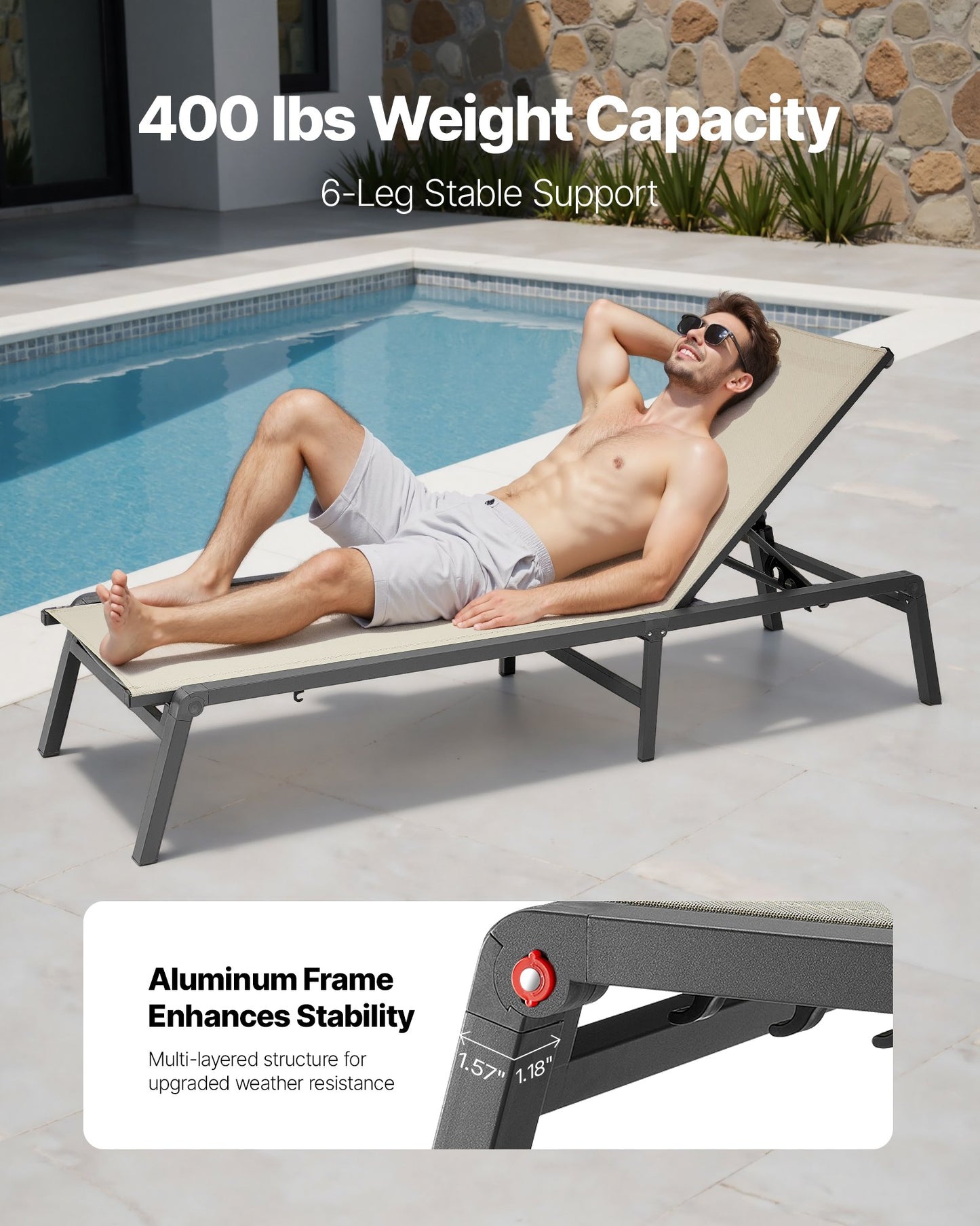 Outdoor Chaise Lounge Chair, 181 kg Weight Capacity, Foldable Sun Tanning Chair, 5 Adjustable Positions, Easy Assembly, Heavy Duty Aluminum Pool Recliner Lounge Chairs, for Beach Yard Patio